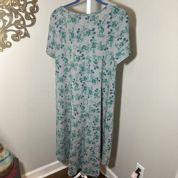 LuLaRoe Disney Carly Dress M Gray Green Mickey Mouse Print Hi-Low Hem - Picture 10 of 14